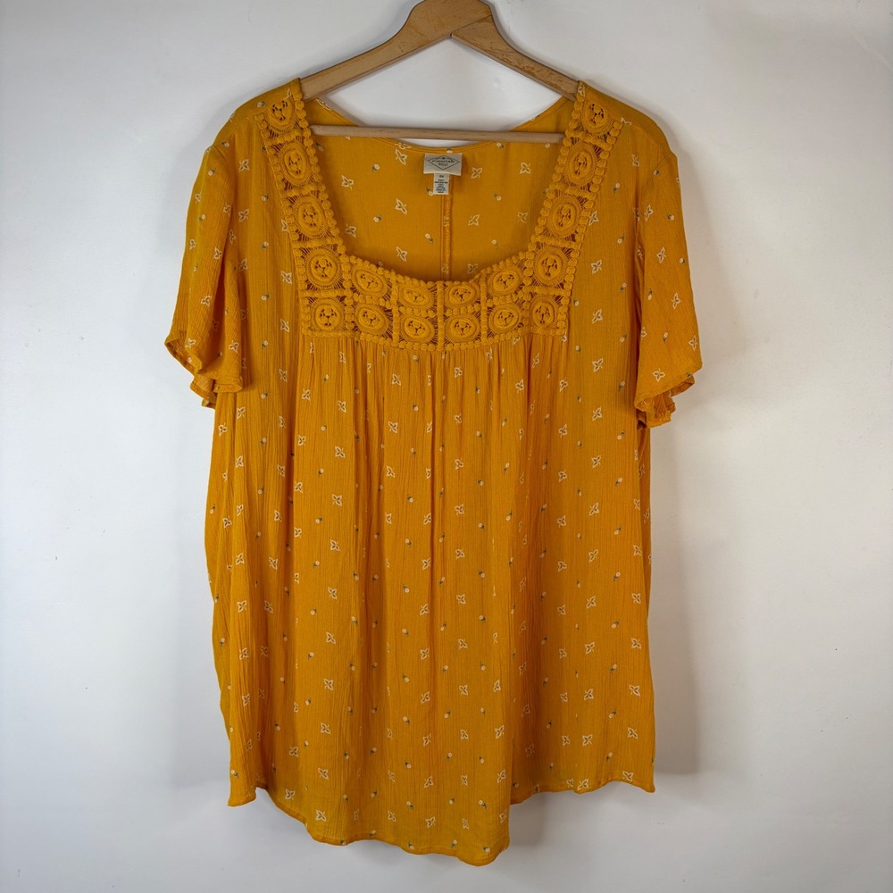 St John's Bay Blouse Women 2X Yellow Floral Crochet Lace Square Neck Boho Top